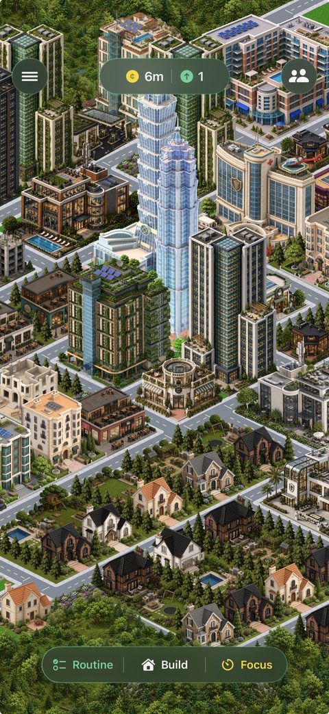 A developed Scaffold city with focus progress and navigation controls